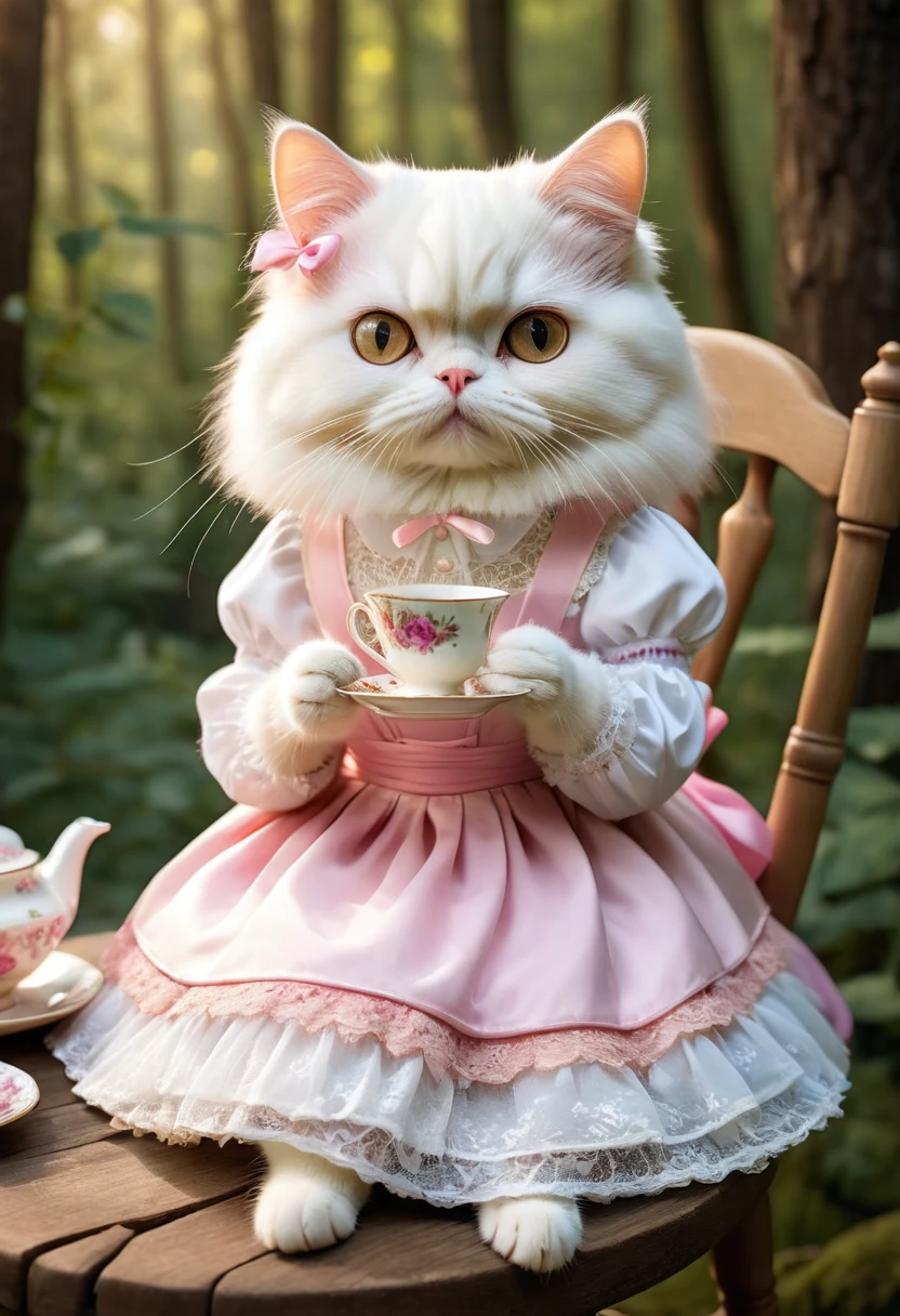Realistic portrait of a dressed animal - beautiful anthropomorphic Persian white cat, White long hair、Alice in Wonderland Costume、Pink beige lace dress with white lace apron dress、Pink ribbon on head、sitting on a wooden chair and holding a teacup in his hand(Mysterious tea party in the forest、A teapot and lots of sweets on a wooden table、cake) ,Antique photos、Nostalgia、Highly detailed decorations,, (Melancholy),Outdoor、Golden Hour、Dramatic(Full body image:1.5)