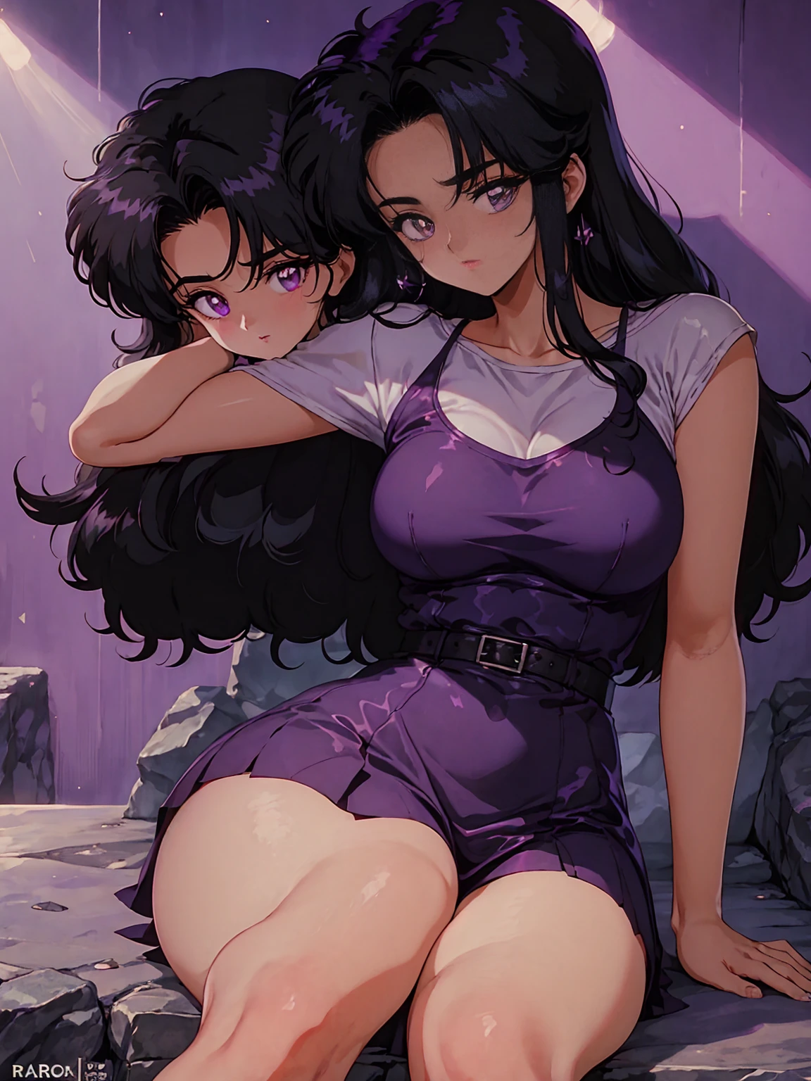 Create an intense, evocative portrait in the Japanese retro anime style of the 80s and 90s. The scene features a woman bathed in deep purple light, black and purple hair colors, leaning against a wall with her arms raised, eyes closed in a moment of sensual emotion. Her attire is minimal, accentuating the curves of her body and the dramatic shadows cast by the lighting. The background is stark, with sharp contrasts highlighting the contours of her form. The purple and black palette intensifies the mood, evoking a sense of mystery and allure. Subtle film grain and meticulous shading add depth and texture, emphasizing the emotional gravity of the scene. The lighting creates a chiaroscuro effect, accentuating her expressive pose and the intense atmosphere. good quality eyes, purple eyes, ultra detailed, beautiful and aesthetically pleasing, masterpiece, 4k, ray tracing, medium body, close-up, , particles and hard neon sparkles, focus on purple and black color