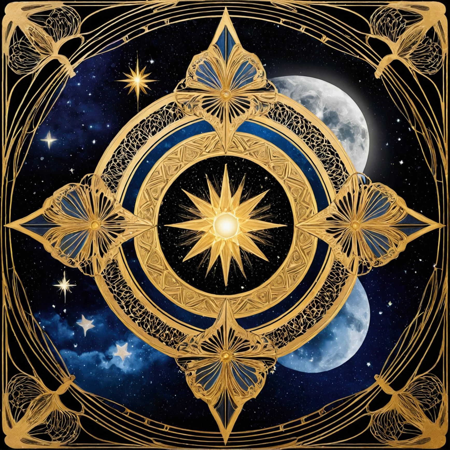 Blank box,avatar, Slim frame,Flower frame, Decorative panels, abstract artistic, Alphonse Mucha (tmasterpiece, best qualtiy, A high resolution: 1.4), A detailed, Complicated details, 4K, Color splattering, Line art, Fibonacci, starrysky, natta, exteriors, Clouds, Reflectors, Eau, magick, (tarot cards),Cards, ((beautiful golden crystal star)) buliding, palaces, Patterned, Sumeru, Clouds, themoon