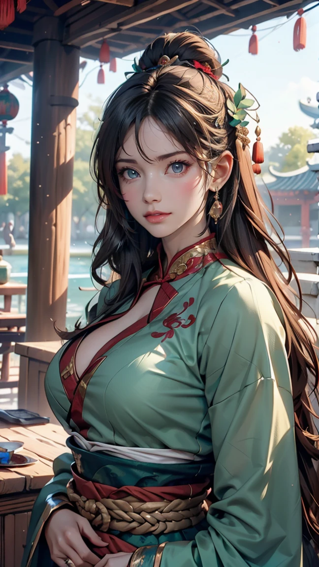 ((whole body)), samdoesarts style award winning whole body portrait of a beautiful woman, ((Perfect feminine face)),((Ancient Chinese Green Clothing)), ((Green Peking Opera Costume)), (Long sleeve) Gazebo, Complex, (Beautiful details in the eyes, Long eyebrows),((hairpin, Twisted Hair)),(sorrow), ((tears)), (sunlight), Shaded flat illustration, Digital Art, Trending on Art Station, Very detailed, The finer details, Complex, ArtJam、Rutkovsky、Art by Alphonse Mucha, 24-year-old female、Sexy proportions、Sexy breasts、Narrow waist、Long eyelashes、Cleavage Emphasis
