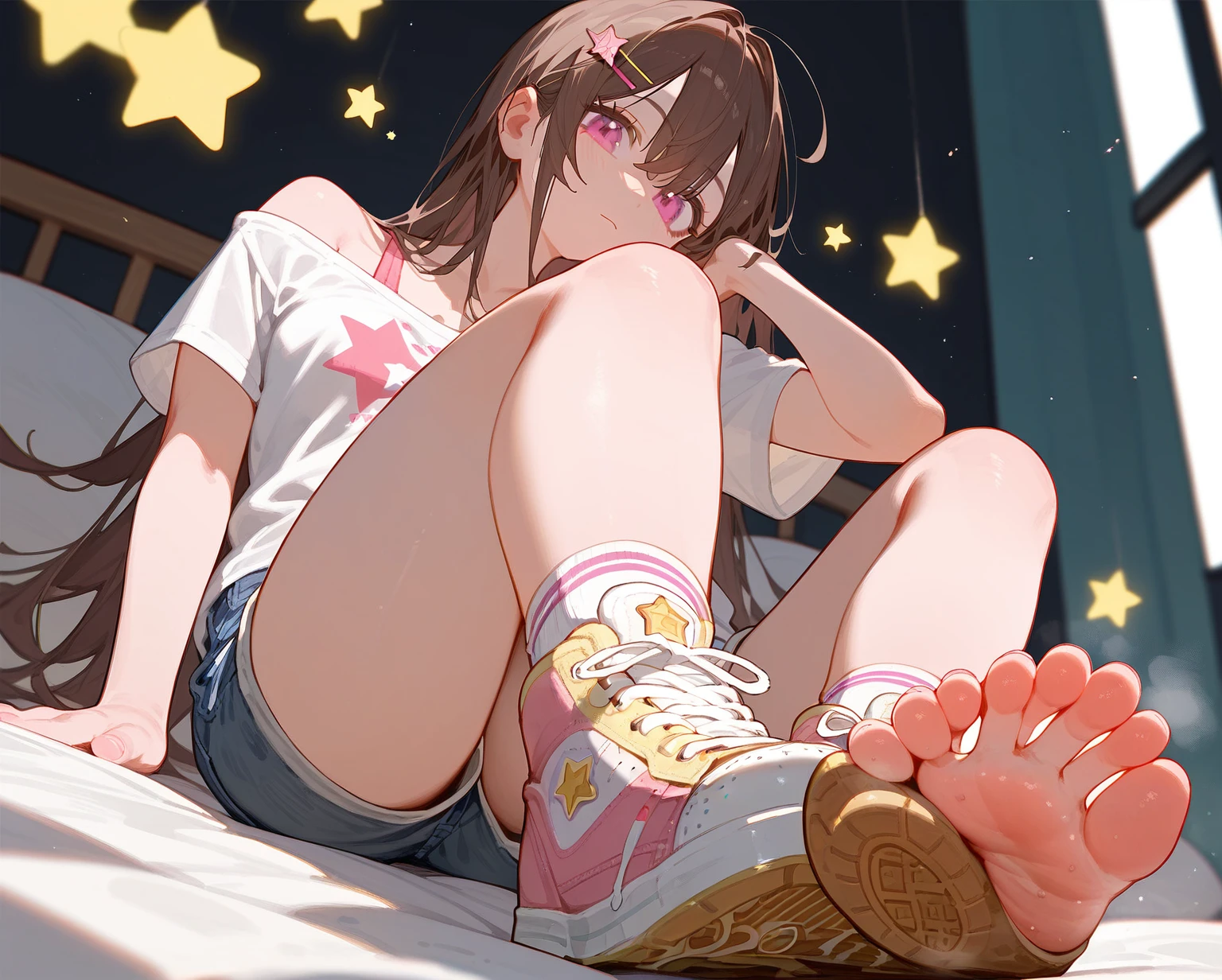 A woman sitting on the bed showing her smelly feet low angle,barefoot,Sole,Foot Focus,Pink off-the-shoulder T-shirt,Bangs between the eyes,Long hair,Brown hair,Denim shorts,Anatomically correct, There is a huge yellow five-pointed star hairpin in the hair,pink eyes,Next to it is a pair of sneakers,Woman holding socks in her hands