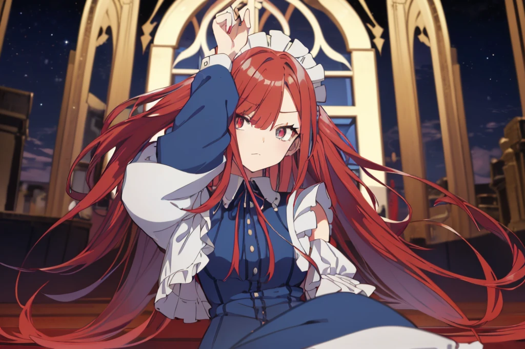 [(cathedral background:1.4)::5],original,(illustration:1.1),(best quality),(masterpiece:1.1),(extremely detailed CG unity 8k wallpaper:1.1), (colorful:0.9),(mid shot:0.95),(upper body:1.5),Dynamic angle,(solo:1.2), (girl),((adult)), (detailed beautiful eyes:1.15), (beautiful face:1.15), (glowing red eyes:1.25////),((medium hair)),((split-color hair,red hair,blue hair)),(high twintails),(chignon),(+perfect hand+:1.21),(Draw an illustration of a gothic girl),(Religious),(slender),(is wearing boots on her feet),((is wearing white maid clothes)),(furious), Lace Off-shoulder lolita fashion,beautiful slender woman,high twintails,((split-color hair,red hair,blue hair)),((split-color hair,red hair,blue hair)),from side,((split-color hair,red hair,blue hair)),dynamic angle,dynamic pose,