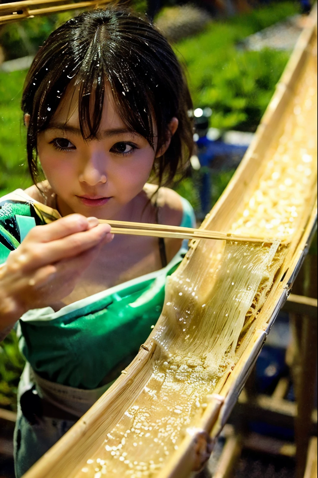 Best quality, masterpiece, ultra high res,(photorealistic:1.4)1girl, Japanese clothes, long hair, black hair, ponytail, bamboo forest, blowjob, sucking dick, black kimono, long sleeves, looking at viewer, black eyes, floating hair