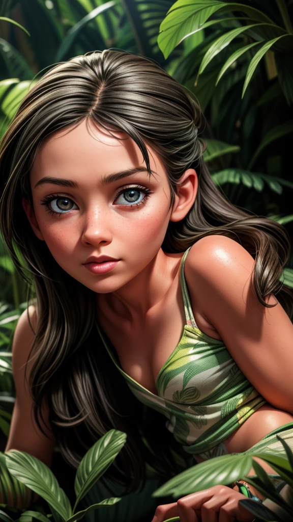 a beautiful young female explorer with silver hair and blue eyes, wearing a helmet and sunglasses, wielding a machete and exploring the jungle, dynamic pose, snake, venomous spider, (best quality,4k,8k,highres,masterpiece:1.2),ultra-detailed,(realistic,photorealistic,photo-realistic:1.37),detailed face, beautiful detailed eyes, beautiful detailed lips, extremely detailed eyes and face, long eyelashes, jungle exploration, dynamic action, highly detailed, photorealistic, vibrant colors, dramatic lighting