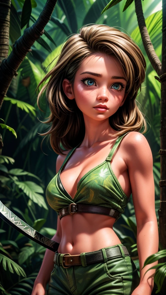 A beautiful adventurous girl exploring the lush jungle, swinging a machete through the dense foliage, encountering wild animals, detailed portrait, intricate jungle environment, dramatic lighting, vibrant colors, photorealistic, masterpiece, (best quality,4k,8k,highres,masterpiece:1.2),ultra-detailed,(realistic,photorealistic,photo-realistic:1.37),beautiful detailed eyes,beautiful detailed lips,extremely detailed eyes and face,longeyelashes,1girl,adventurous,machete,jungle,wildlife,dramatic lighting,vibrant colors