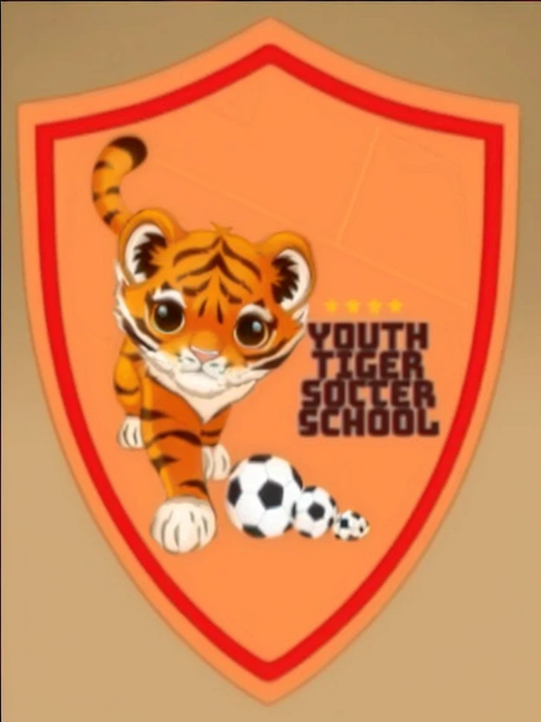 Create a detailed logo design for "Youth Tiger Soccer School". The logo should have a shield shape with the following features:Color Scheme:Dominant color: Orange for the background.Border: A red outline around the shield.Text: Black.Stars: Yellow.Main Image:A cute, playful tiger cub with large brown eyes and black stripes.The tiger should be positioned as if it's running, pushing a white soccer ball with black spots.Text:Include the text "YOUTH TIGER SOCCER SCHOOL" in bold, capital letters.Position the text to the right of the tiger image.Place four small yellow stars above the text.Background Details:Add a subtle pattern resembling a soccer field in the background.Lighting and Effects:Ensure good contrast between the elements.Use soft shadows and highlights to give depth and a three-dimensional feel to the tiger and the ball.Make the overall look vibrant and playful to appeal to a younger audience.The logo should be dynamic, fun, and convey the spirit of youth and soccer.