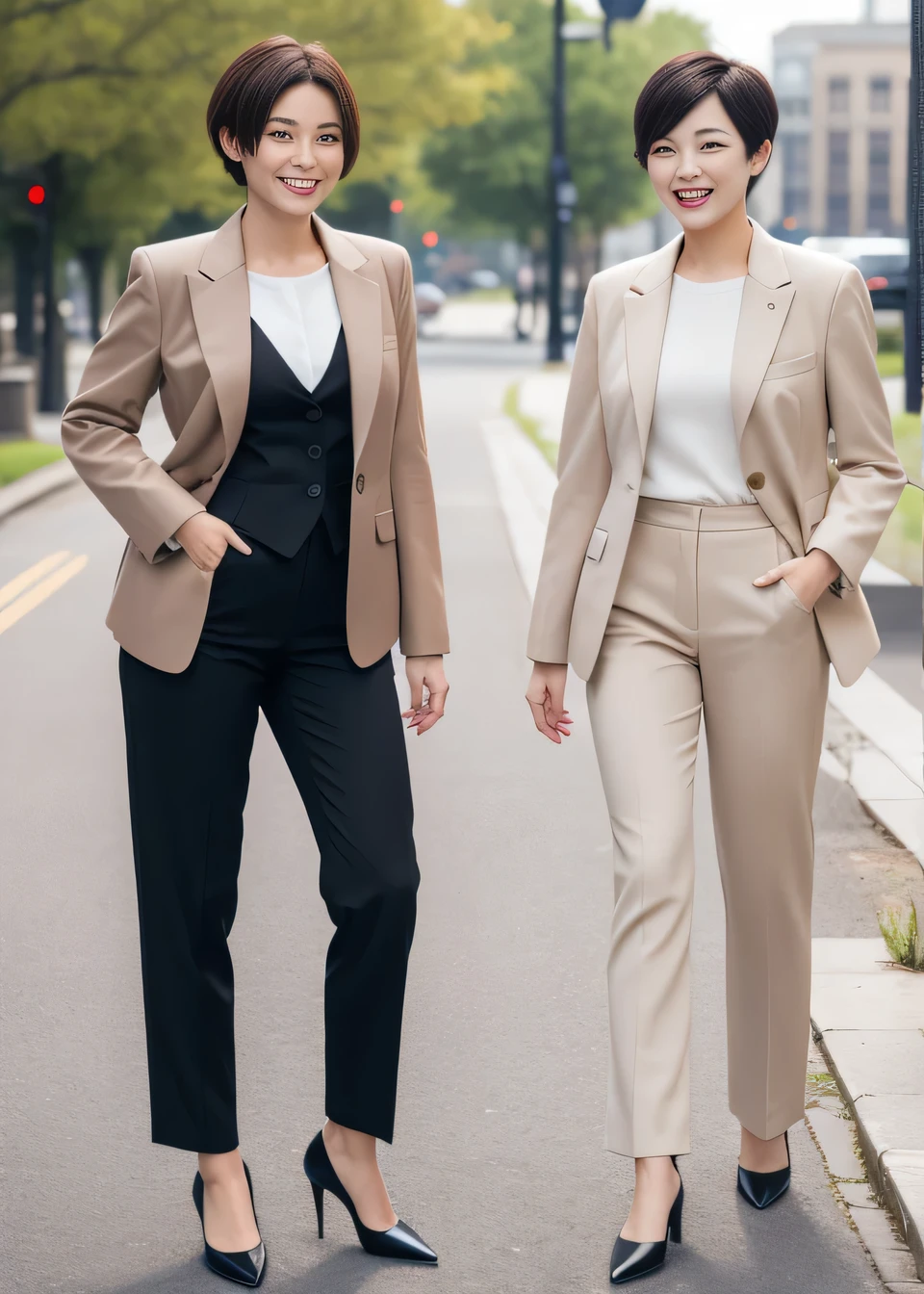 Highest quality, Photorealistic,Two women standing side by side、Outdoor,Short Haircut、smile、Beautiful teeth alignment、 Black suit, Are standing, Jacket, Pants Style、 Beige Stockings, Recruitment Suit,,, pumps,
