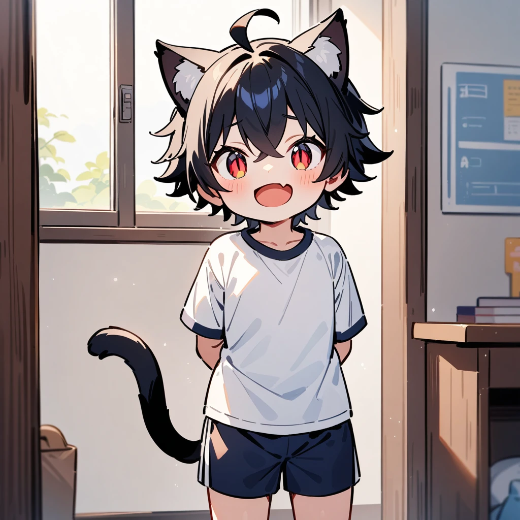 （masterpiece：1.2，high quality），4K，High resolution，A four-year-old boy，cute boy， black hair，short hair，crossed bangs，red eyes，slit pupils， ahoge，cat ears，laughing，skin fang，Wearing a white shirt，dark blue sports shorts，Standing in the room，Next to it is the window，curtain，primary school student，thigh，alone，cat tail，((Hands behind your back))