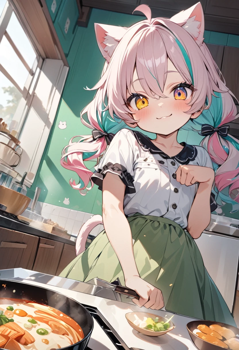 masterpiece, best quality, beautiful, 8K, highres, ,1girl, kemono, delightful, smiling,looking at viewer, medium hair, wave hair, hair between eyes, ahoge,twintails, wavy hair, shiny hair,pastel pink hair,aqua hair,colored inner hair, streaked hair, colored , heterochromia.golden eyes, with sparkling eyes, big eyes, wide-eyed, pale skin, fair skin, shiny skin, detailed skin, pale skin, chibi, short sleeves,slim, frilled clothing, skirt, smaller face, with cat ears, cat tail, cute face, 10-year-old, green background, kawaii, cute, chibi, chibi anime, front view, dynamic angle,paw pose, wide view, wide shot, intense wide shot,golden ratio,architectural photograph,indoor,cooking,in the kitchen,