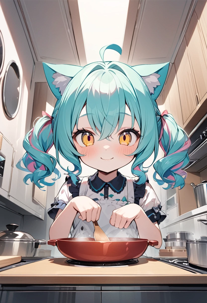 masterpiece, best quality, beautiful, 8K, highres, ,1girl, kemono, delightful, smiling,looking at viewer, medium hair, wave hair, hair between eyes, ahoge,twintails, wavy hair, shiny hair,pastel pink hair,aqua hair,colored inner hair, streaked hair, colored , heterochromia.golden eyes, with sparkling eyes, big eyes, wide-eyed, pale skin, fair skin, shiny skin, detailed skin, pale skin, chibi, short sleeves,slim, frilled clothing, skirt, smaller face, with cat ears, cat tail, cute face, 10-year-old, green background, kawaii, cute, chibi, chibi anime, front view, dynamic angle,paw pose, wide view, wide shot, intense wide shot,golden ratio,architectural photograph,indoor,cooking,in the kitchen,