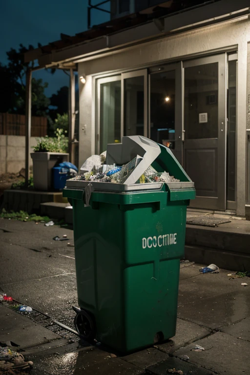 Create an image where garbage is accumulated, with a recycling bin nearby and also a home with the lights on without need