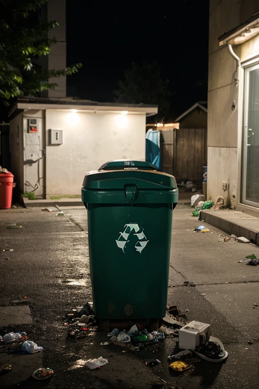 Create an image where garbage is accumulated, with a recycling bin nearby and also a home with the lights on without need