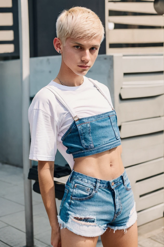 Young man,short hair blonde with O. cut-in. Mid fade with neat preserved edge, Scrawny ,outfit simple white shirt and stylish black denim shorts and a pair of white sneakers on the cheek with a slight touch of pink, he standing with the background of a men's room