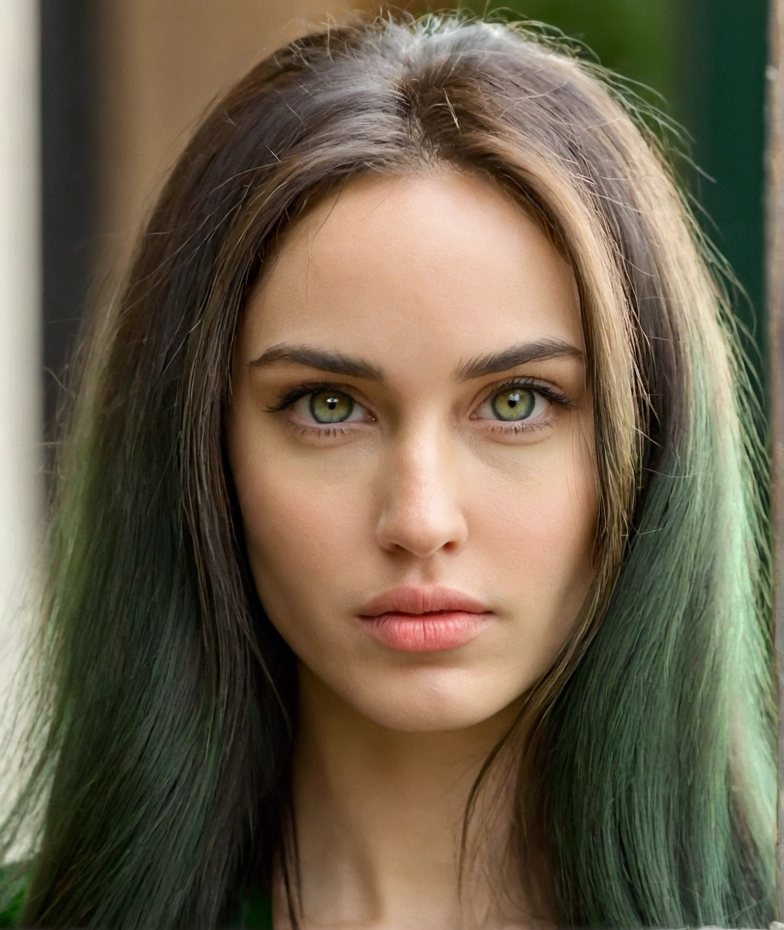 A woman. face sent feeling. Europe. Oval face. Long Face. delicate facial features. His eyes showed disappointment.. seductively seductive. green eyes. long straight hair. green fur. shy. serious face. exterior