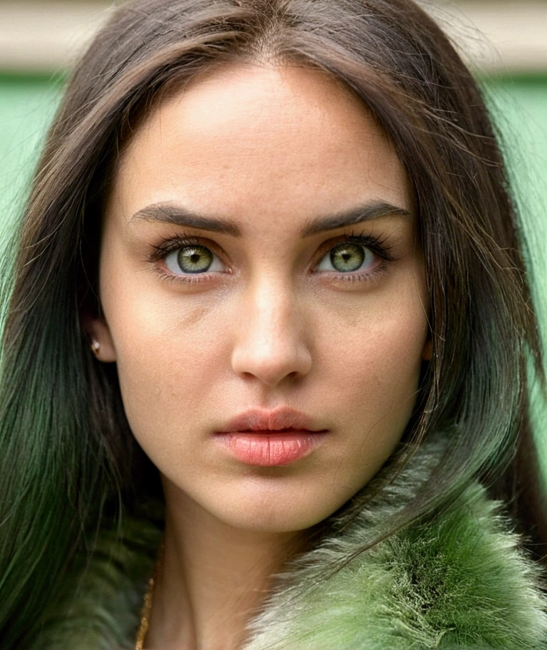 A woman.  face sent feeling.  Europe.  Oval face.  Long Face.  delicate facial features.  His eyes showed disappointment..  seductively seductive.  green eyes.  long straight hair.  green fur.  shy.  serious face.  exterior