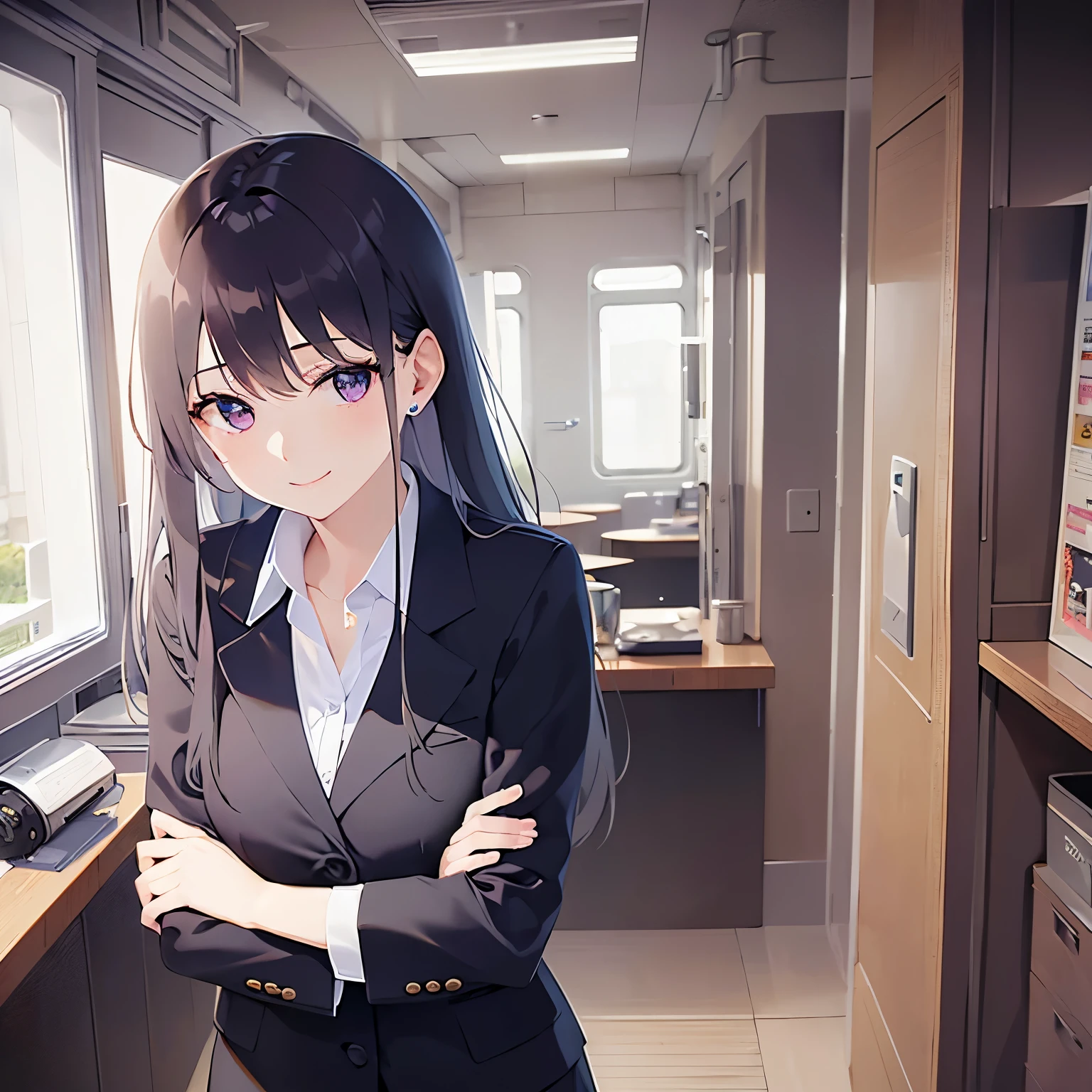Upper Body,(looking away:1.5)、head tilt,
Realistic, real person, (pale skin: 1.2), RAW photo, photorealistic, shiny skin, shiny hair、
(A 25-year-old woman with straight hair and bangs) and (medium hair) and (black hair) and (purple eyes) ,
(Wearing a business suit:1.5) and (Wearing a white collared shirt)、
(smile:1.5)Background is an office room、Alone、Are standing、looking at documents