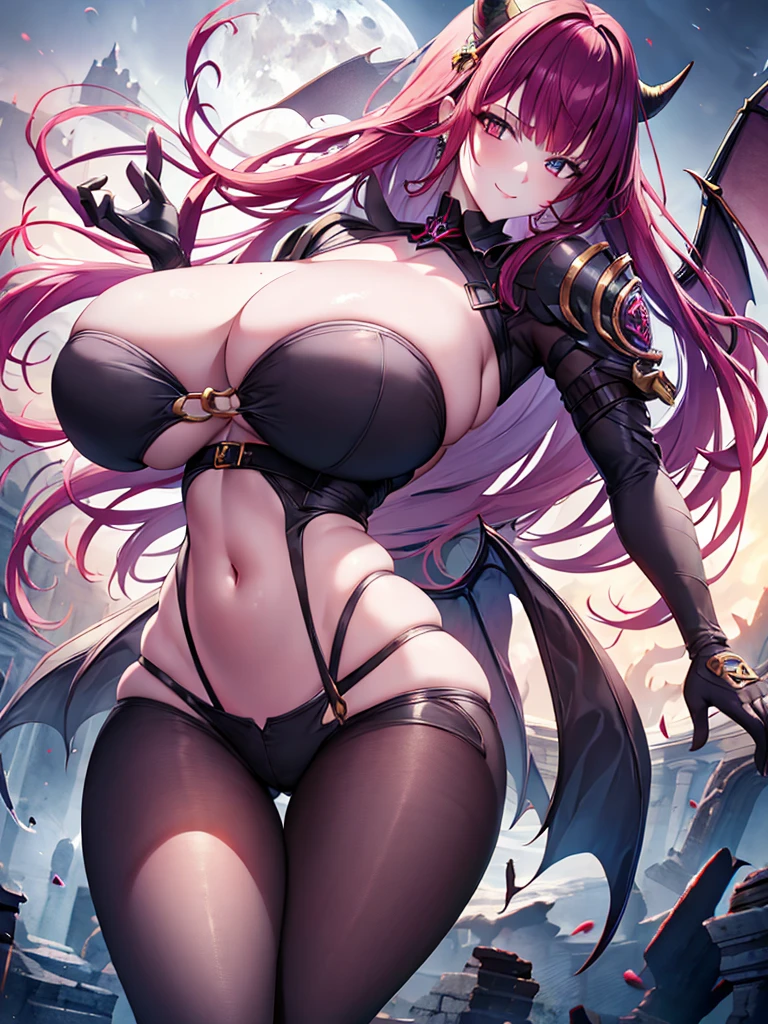 young woman, red hair, ta hair, sardas no rosto, pale skin, smiling, in one storm city, wearing soldier outfit, moon in the background, 4k, Demon queen, demon wings, crown, red outfits and black. sexy pose, (NSFW), anime, anime screencap, gigantic breasts, huge breasts, woman wearing full bodystocking, necromancer, raven, MILF, (very large breast), milf, (mature female), gloves, earrings, navel focus, capes, Elegant body, curvaceous but thin, the woman have beautiful detailed eyes, detailed textures, otherworldly ruins, fantasy, RPG, Dark atmosphere, extreme shading, masterpiece, best quality, milf, mature female, milfication, The armor covers her breasts and abdomen, ultra mega hyper ultra mega hyper ultra mega super big and beastly huge breasts. Face of an innocent girl, malicious smile, demon horns. Near the abdomen there is a demon queen mark.