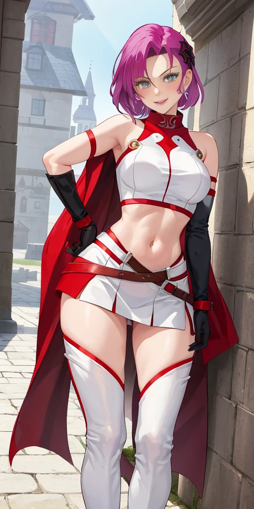 (((1 girl))) short hair, earings ,glossy lips ,team rocket uniform, red letter R, white skirt, white crop top, black thigh-high boots, black elbow gloves, evil smile, looking at viewer, cowboy shot, arms crossed, full body photo Mercedes von Martritz (Fire Emblem: Three Houses)