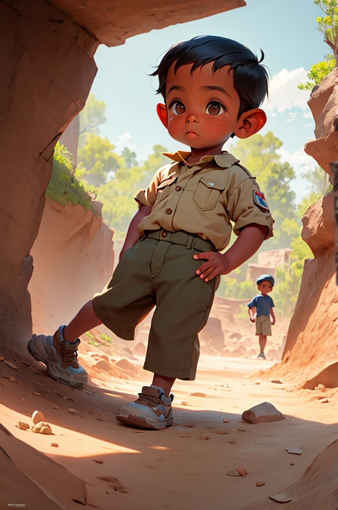 a and a playing at a dig site, wearing khaki pants