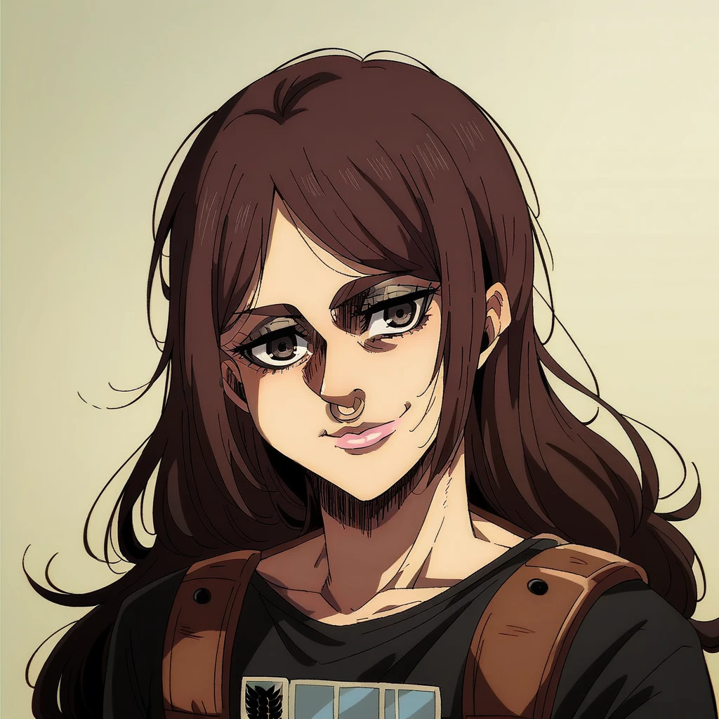 singeki_no_kyojin_s4_style,portrait, solo, brunette shade blended with golden undertones hair, long hair, nose ring, black t-shirt, eyeliner, pink lips, ammo pouch, smile