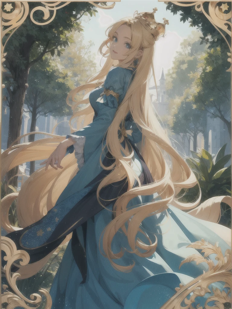 one girl, long hair, Looking at the viewer, unique, Golden hair, Hair accessories, High accuracy, Anatomy is correct, precise, Get prizes multiple times, details, Shiny hair, curly hair, Blue eyes, Slight smile, red lips, Wide eyes, Long eyelashes, rear view, Hair accessories, jewelry, the crown, luster, abstract, anime style, technician, Art Nouveau, Princess, garden scene