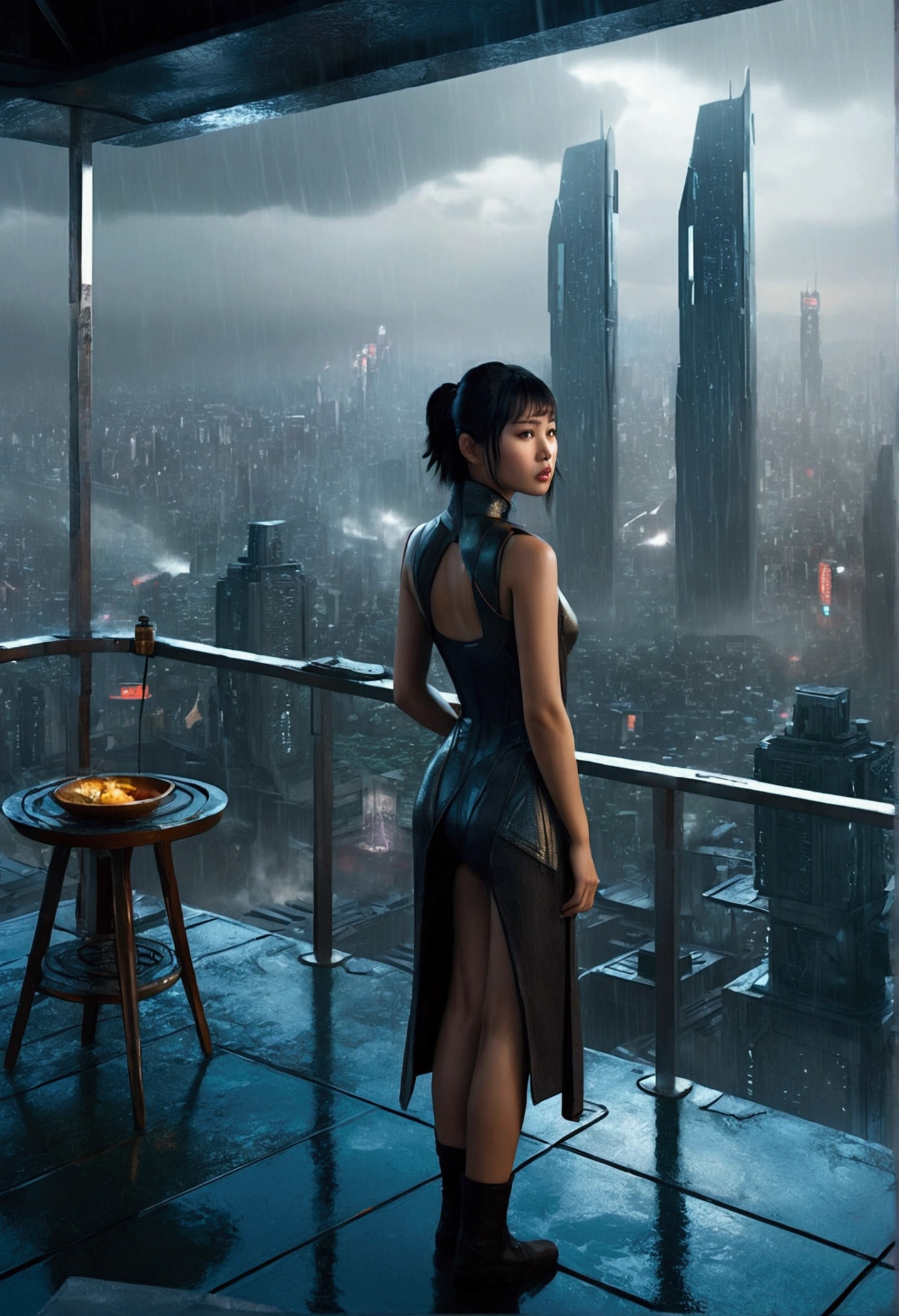 A realistic image of a futuristic city inspired by the movie "Blade Runner", with a beautiful asian girl standing on the terrace of a skyscraper overlooking the city. It is raining and the scene has a ((16:9 aspect ))ratio (please include the terrace roof)), seen from three-quarter behind
