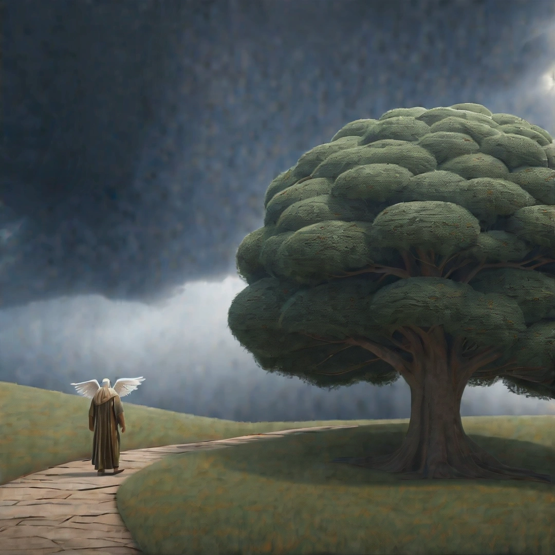 Create a high-quality, creative image that illustrates the theme "Blessing or Curse" in a biblical context. The image should be visually striking and symbolize the choice between following God's ways (blessing) or straying from Him (curse). Use elements such as:

Divergent Paths: Two distinct paths, one illuminated with heavenly light and flourishing, symbolizing blessing, and the other dark and barren, symbolizing curse.
Tree of Life and Dead Tree: On the path of blessing, a lush tree with fruits representing the Tree of Life. On the path of curse, a dry and lifeless tree.
Ancient Manuscripts: Include ancient scrolls or tablets with biblical inscriptions highlighting verses about blessing and curse, such as Deuteronomy 30:19.
Heaven and Hell: In the background, a bright blue sky with angels on the path of blessing, contrasting with dark storm clouds on the path of curse.
Reflective Human Figure: A human figure in the middle, contemplating which path to choose, reflecting the free choice given by God.
Style: Realistic, with vivid details and contrasting colors to highlight the duality between blessing and curse. The image should evoke strong emotions and convey the importance of spiritual choices. 4k