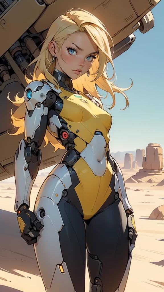 high quality, 4k, masterpiece, beautiful, cyborg girl, punch screen, screen fracture, dull eyes, long blonde hair, girl, small breasts, fit thigh, robotic arms, robotic body, cyborg body, yellow accent, redaccent, intricate detail, joint, detailed lines, robotic detail, holding fist up, fist hit camera, color robotic parts, robotic parts with color, perfect fingers, on a desert planet, sunny background, colorful desert,
