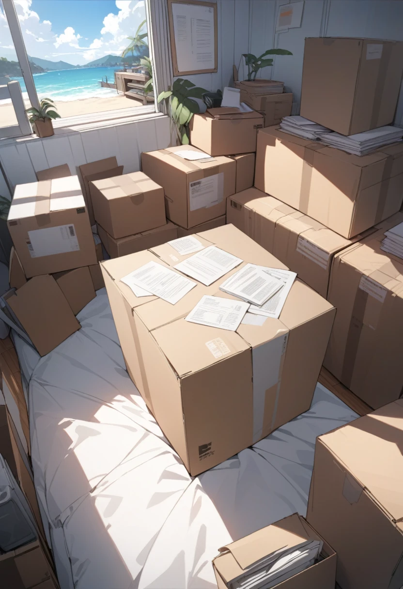 ((background only)),masterpiece, best quality, extremely detailed, ultra detailed, flat anime, 2D, Documents in cardboard boxes, summer, 11AM, livingroom,