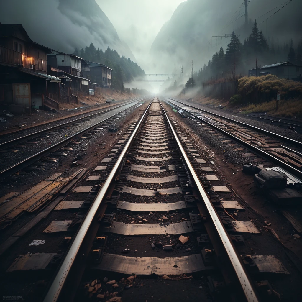 there is a train track that is going down the hill, railway, The Best of Adobe Stock, railway, rail, train, Fog photo 8k, 500 pixels, 5 0 0 px, line, Cinematic style photograph, Cinematic. Ren Jun, Mark Adams, abandoned railway, unsplash Contest winning photo, Adventure Hyper Real Rendering