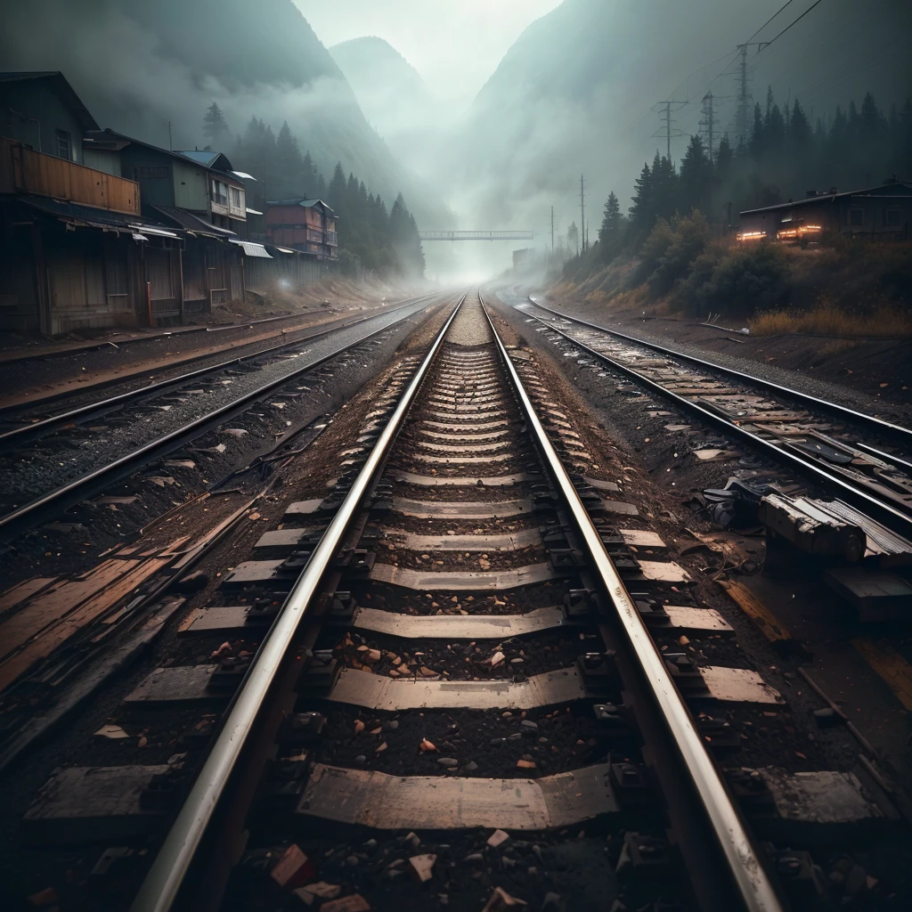 there is a train track that is going down the hill, railway, The Best of Adobe Stock, railway, rail, train, Fog photo 8k, 500 pixels, 5 0 0 px, line, Cinematic style photograph, Cinematic. Ren Jun, Mark Adams, abandoned railway, unsplash Contest winning photo, Adventure Hyper Real Rendering