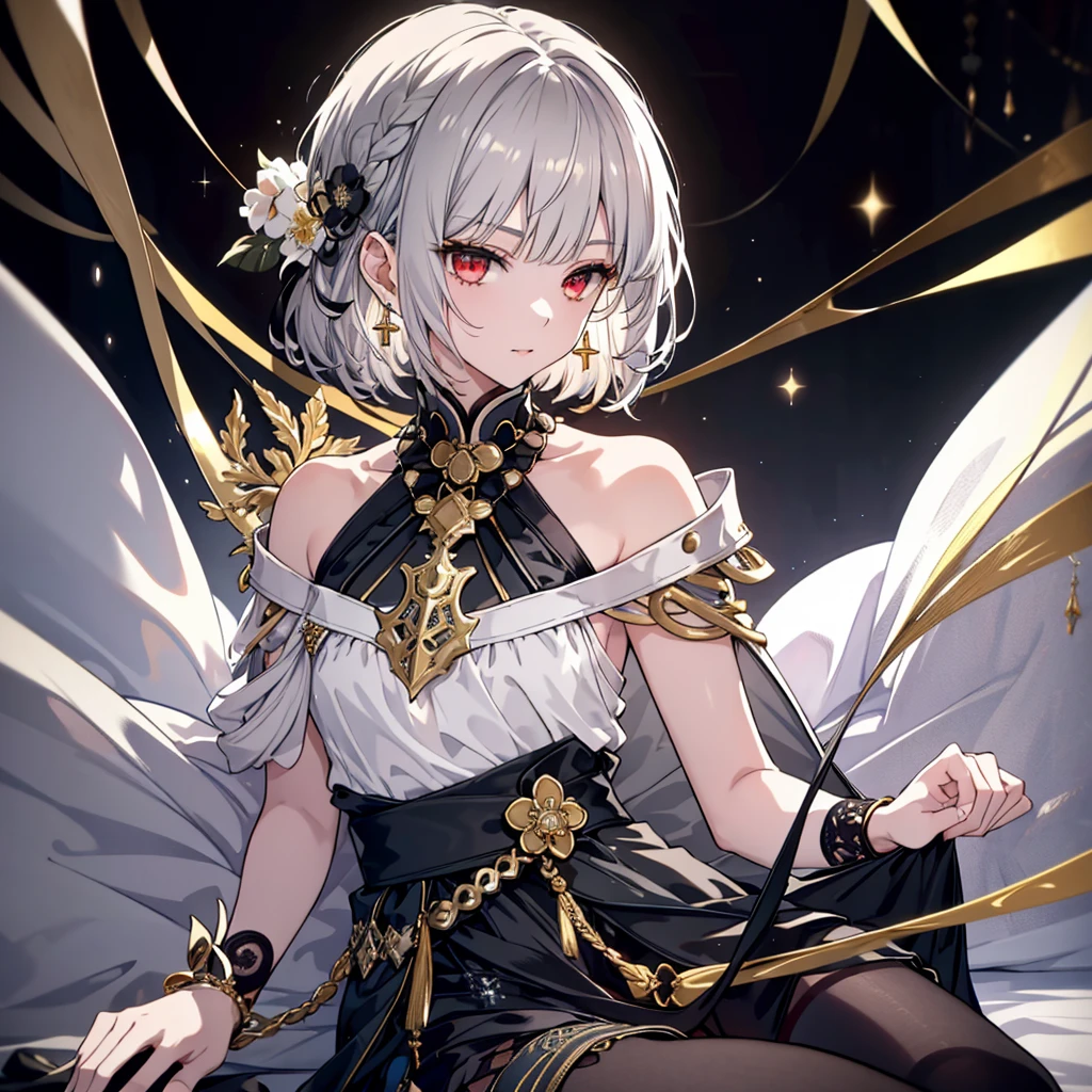 8k,High resolution RAW color art,Anime Art,Silver Marble Skin, (((Very detailed and cool))), Detailed skin, Bokeh、texture,(Exquisitely crafted, The finer details, Ultra-detailed art), (((1 girl))), Depth of written boundary, Silky Touch, Hyper Detail, (((Cool face))), eye shadow, Beautiful detailed red eyes, Beautiful lip detail, Highly detailed face, Delicate depiction of hair and eyes, Detailed Fashion, Golden Earrings,Full body depiction, Black half top、(((Shoulder Bare)))、Black shorts、Waist Cloak、Black thigh-high tights、Golden decoration, Light gray hair, Golden bracelet, Straight Hair、Short Hair、(((Hair)))、Simple Background、White Background、Black theme、snow、Side view、look down、cloth、Clear face、bed、fluffy、Lying down、