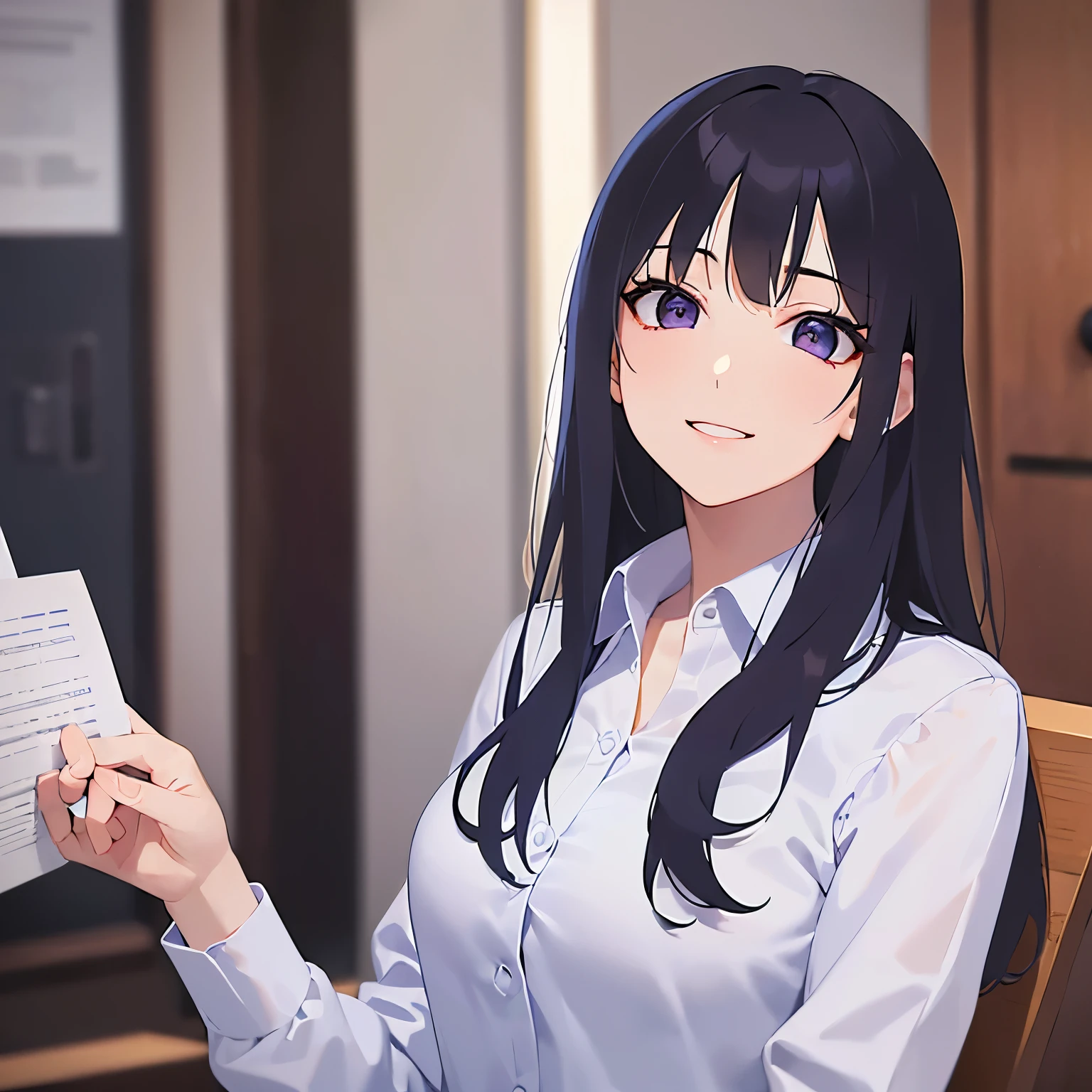 Upper Body,(looking away:1.5)、
Realistic, real person, (pale skin: 1.2), RAW photo, photorealistic, shiny skin, shiny hair、
(A 25-year-old woman with straight hair and bangs) and (medium hair) and (black hair) and (purple eyes) , 
(Wearing a business suit:1.5) and (Wearing a white collared shirt)、
(smile:1.5)Background is an office room、Alone、looking at documents