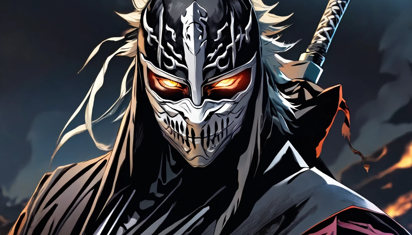 ninja , cape,close up, black heavy detailed clothes, single person, weapon, art, dark and malevolent, weapon, armor, powerful and intimidating, (masterpiece, best quality, ultra-detailed, best shadow), (detailed background, dark fantasy) , armor, high detailed background, girl in demon slayer art, demon slayer art style, epic anime art, God death