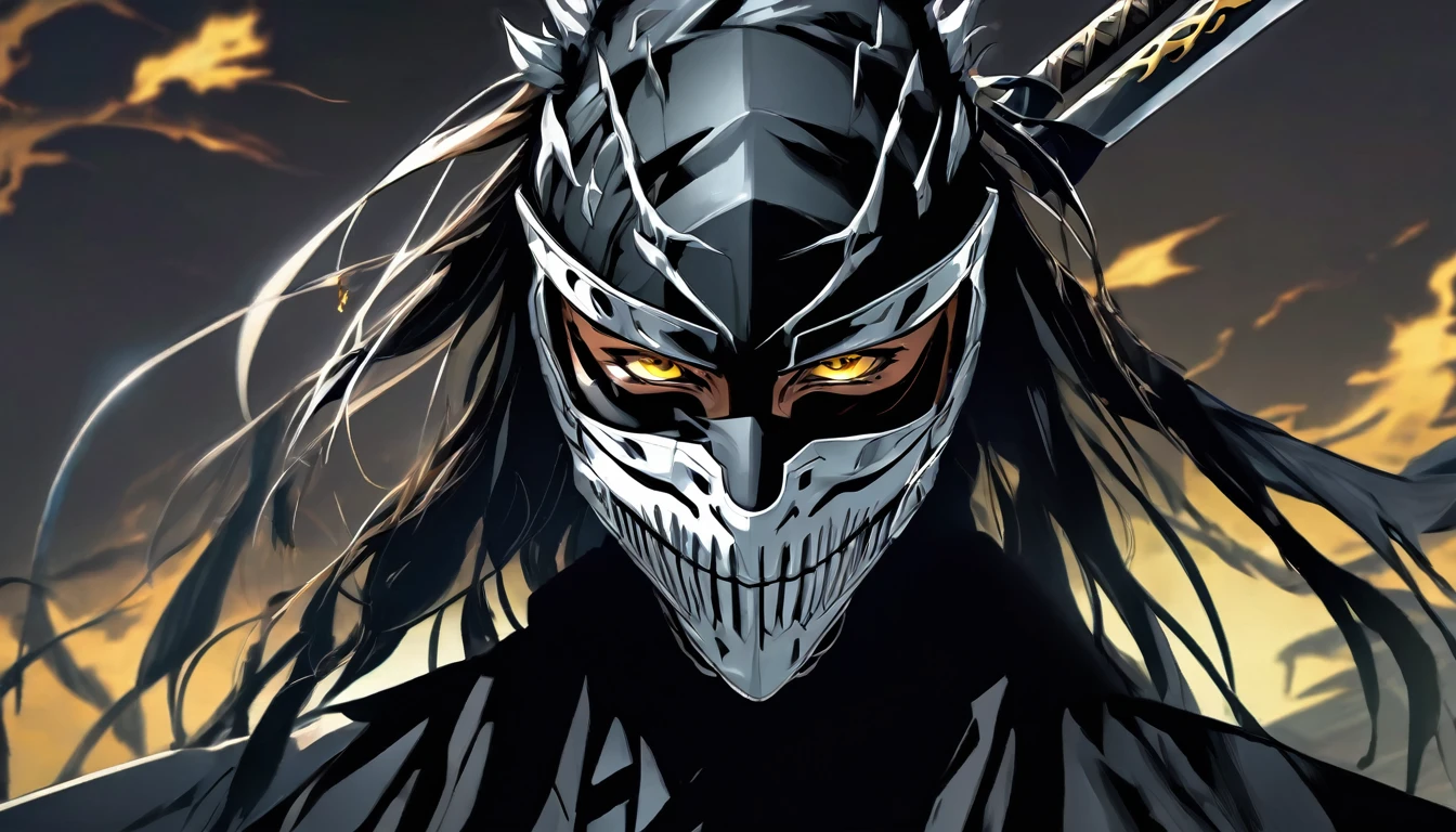 ninja , cape,close up, black heavy detailed clothes, single person, weapon, art, dark and malevolent, weapon, armor, powerful and intimidating, (masterpiece, best quality, ultra-detailed, best shadow), (detailed background, dark fantasy) , armor, high detailed background, girl in demon slayer art, demon slayer art style, epic anime art, God death