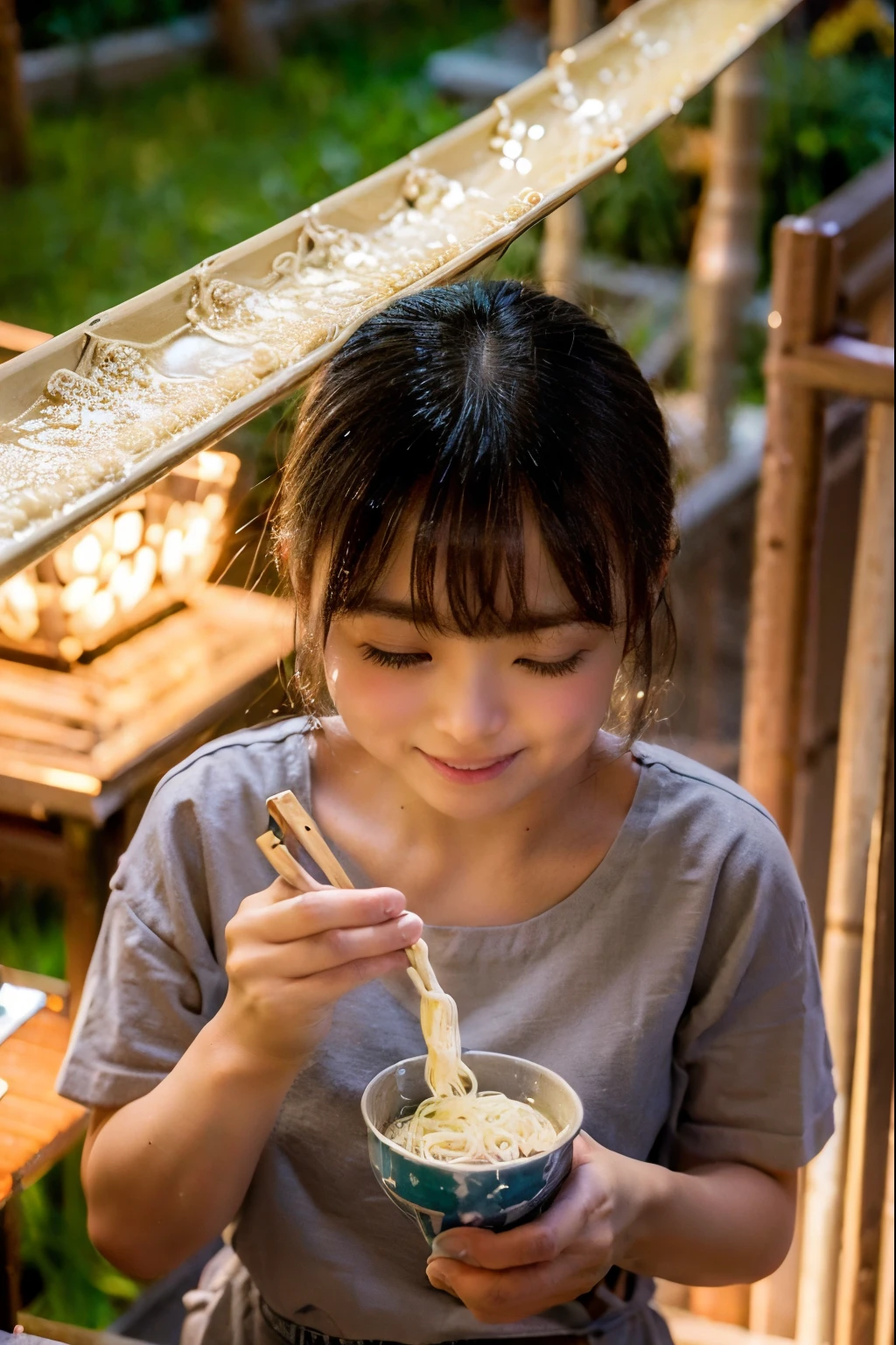 8K, RAW Photo, Best Quality, Masterpiece, Realistic, PhotoRealistic, Extremely Detailed 8K Wallpaper, Beautifully Detailed Eyes, Finely Detailed Face, 
 BREAK 
Professional Lighting, High-Key Lighting, 
 BREAK 
nagashi_soumen, A Girl is Eating Japanese Somen Noodles:1.4, 
Japanese Somen Noodles are Flowing Down Slide with Running Water:1.4, 
Tiny Water Slide Japanese Somen Noodles:1.4, 
Slide is Made of Bamboo, Diameter of Slide is Only 10cm, Slide is too Narrow to Enter, 
Thin Curl Noodles, 
Outside, Summer, 
Using Chopsticks, 
[Green Fine Chopped Leeks in Bowl Dish at Sidetable], 
 BREAK 
Perfectly Anatomically Correct:1.6, 5 Beautiful Finger:1.6, 
 BREAK 
1 Girl, Very Short Bob Cut:1.0, Japanese, Wide-Set Eyes, Very White Skinned, Blush, Embarrassed, (20-Year-Old), 
Wet Hair, (Happy Smiling:1.4), [Pouted Cheek], 
[[Upturned Beautiful Spherical Ball Shape Buttocks, Medium ASS]], 
Wearing Marc Jacobs Off Shoulder Top + Marc Jacobs Shorts, 
Looking at Viewer, Dynamic Angle, 
 BREAK 
SFW:1.0, Non-Nipples:1.0, 
 BREAK 
Eye Focus, Bokeh:1.0