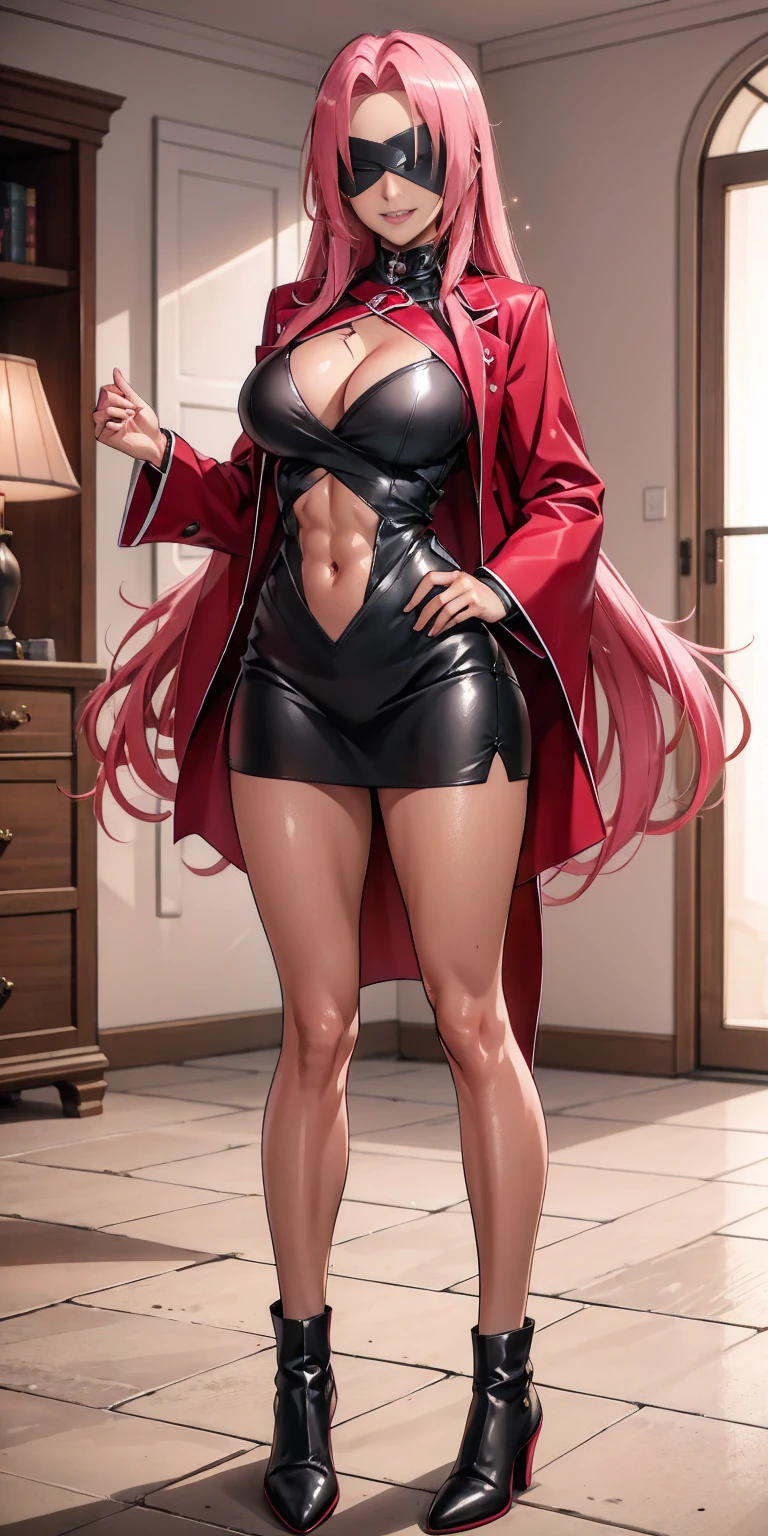 (masterpiece, HI quality: 1.1) 1girl full body standing good face, nice ass, hairstyle: braid, Color Hair: PINK long hair, Blindfolded: NO EYES, Skin: White (porcelain skin, sparkly skin), muscular, thighs, Mature woman, Abs, looks at the viewer smiling, extremely huge breasts, maternal, chest cover with clothes (Hell knight ingrid (anime style) Demon Knight Ingrid (OVA))