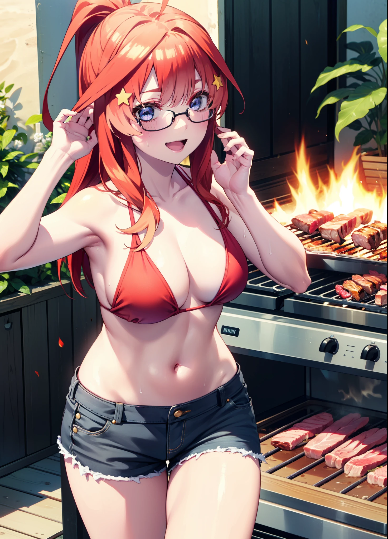 itsukinakano, Itsuki Nakano, bangs, blue eyes, Hair between the eyes, Ahoge, Redhead, star \(symbol\), hair ornaments, star hair ornaments,Baseball hats,ponytail,Black-rimmed glasses,happy smile, smile, Open your mouth,Red Bikini Swimsuit,Shorts,barefoot,Sweat,Beach,barbecue,cooking,Grilled meat,barbecue,Grilling meat,eating meat,Grilled meat,Palm tree,True Summer,Daytime,Clear skies,
break indoors, Beach,Sandy Beach,
break looking at viewer, (Cowboy Shot:1.5),
break (masterpiece:1.2), Highest quality, High resolution, unity 8k wallpaper, (figure:0.8), (Beautiful attention to detail:1.6), Highly detailed face, Perfect lighting, Highly detailed CG, (Perfect hands, Perfect Anatomy),