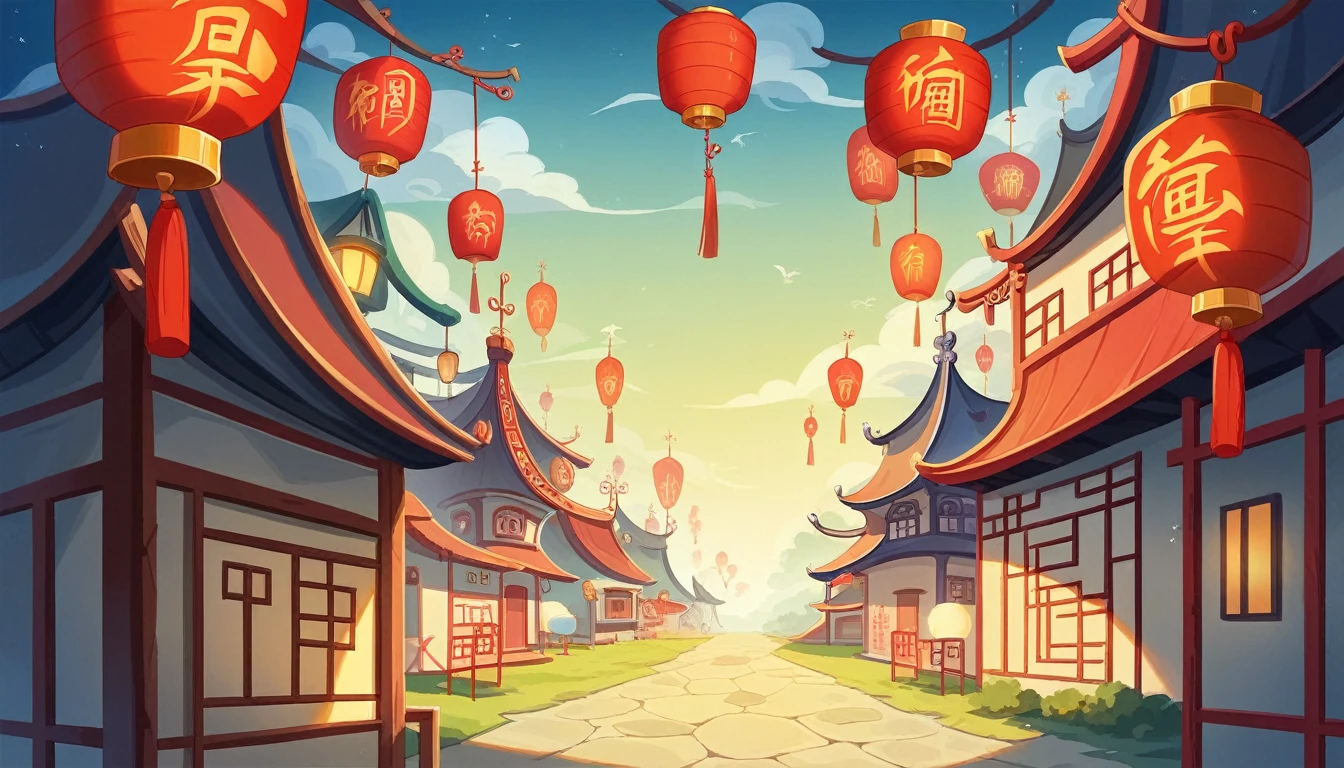 there are lanterns hanging from the trees in the night sky, background artwork, background art, floating chinese lampoons, chinese lanterns, kongming lanterns in the sky, dreamy chinese town, game background, street lanterns are shining, lanterns, dreamland of chinese, mobile game background, chinese new year in shanghai, evening lanterns, red lanterns, nightime village background