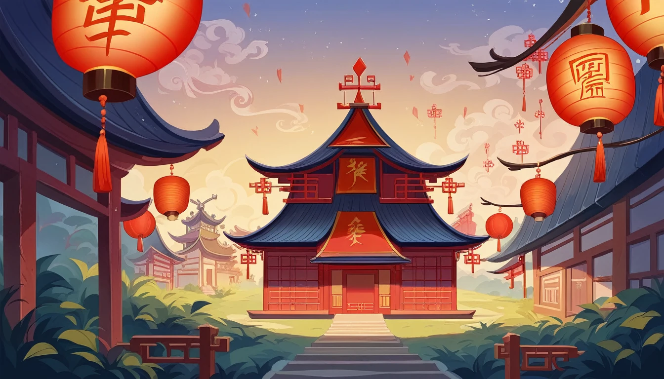 there are lanterns hanging from the trees in the night sky, background artwork, background art, floating chinese lampoons, chinese lanterns, kongming lanterns in the sky, dreamy chinese town, game background, street lanterns are shining, lanterns, dreamland of chinese, mobile game background, chinese new year in shanghai, evening lanterns, red lanterns, nightime village background