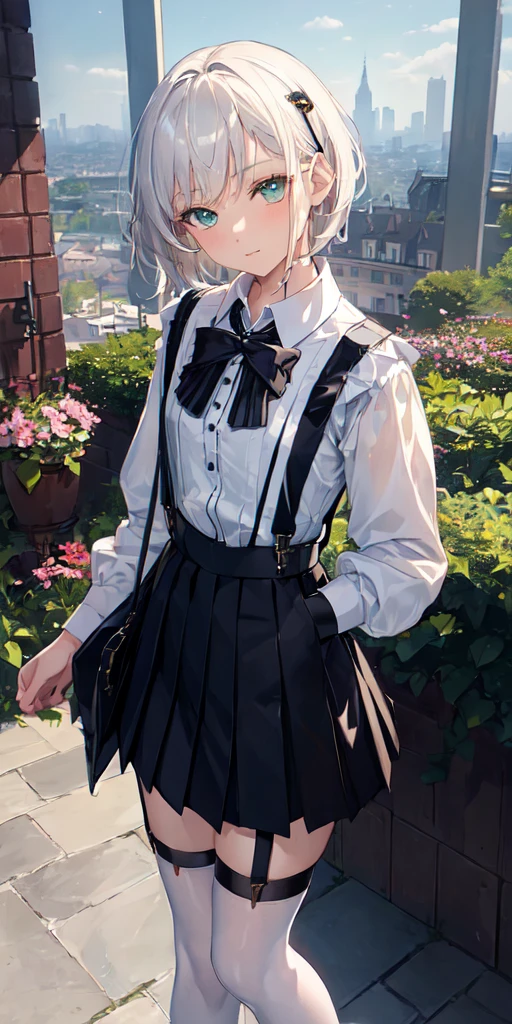 (collared shirt:1.6), scenery, white shirt, (white kneesocks:1.3), beautiful garden, detailed garden, window, garden, flowers, dynamic_pose, light_particles, 1girl, cowboy shot, solo, (white_hair, short_hair, green eyes):1.2, looking at viewer, (black pleated skirt, black suspenders:1.4), (beautiful small city, detailed small city, steampunk, many object),スカートが捲れる，恥ずかしそうに慌てて隠す