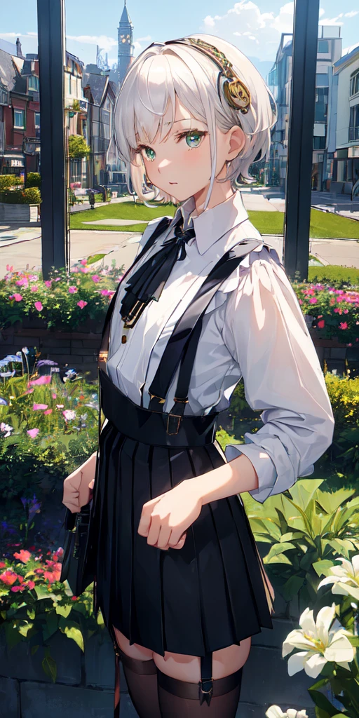 (collared shirt:1.6), scenery, white shirt, (white kneesocks:1.3), beautiful garden, detailed garden, window, garden, flowers, dynamic_pose, light_particles, 1girl, cowboy shot, solo, (white_hair, short_hair, green eyes):1.2, looking at viewer, (black pleated skirt, black suspenders:1.4), (beautiful small city, detailed small city, steampunk, many object),スカートが捲れる,恥ずかしそうに慌てて隠す