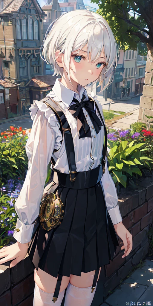 (collared shirt:1.6), scenery, white shirt, (white kneesocks:1.3), beautiful garden, detailed garden, window, garden, flowers, dynamic_pose, light_particles, 1girl, cowboy shot, solo, (white_hair, short_hair, green eyes):1.2, looking at viewer, (black pleated skirt, black suspenders:1.4), (beautiful small city, detailed small city, steampunk, many object),スカートが捲れる,恥ずかしそうに慌てて隠す