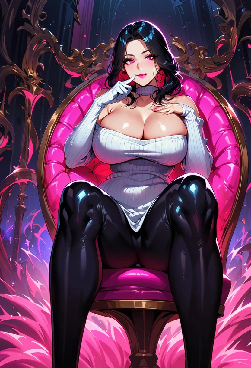 1 mature beautiful woman,(Highest quality,Extremely detailed depiction,Incredibly absurd high resolution,Anatomically accurate depiction,Curvy Legs),(Glowing Skin,Shiny skin),(Voluptuous Stepmother),(Light colored off-shoulder tight sweater dress,Black Pantyhose),eyelash,(Pink Eyes,Sidelong glance,There is cleavage in the chest,A seductive smile,Glossy Lips,Flashy makeup,eye shadow,eyeliner,mascara,Put your finger on your cheek,Sitting in a chair,Spread your legs),whole body,background:Inside the room,From below:1.1