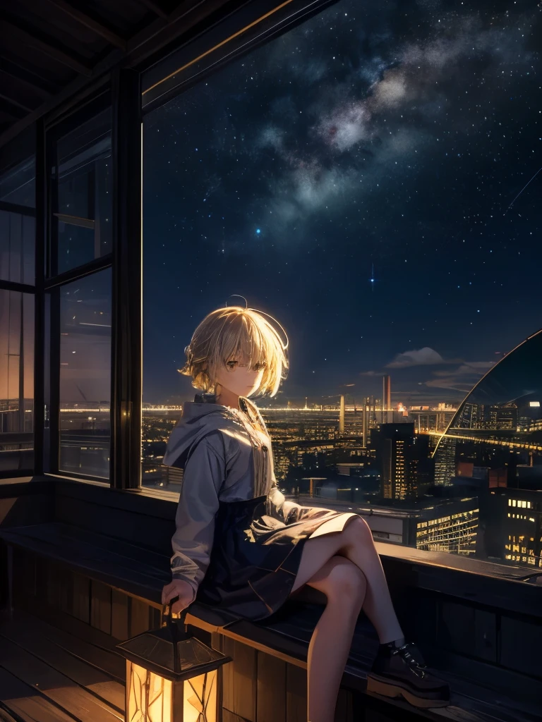 Highest quality, masterpiece, Very detailed, Detailed Background, anime, One girl, Young girl, Short girl, sf, sf, Outdoor, night, Starry Sky, greenhouse, huge structure, Biodome, Wind景, scenery, horizon, rooftop, sitting on rooftop, Wind, avert your eyes, Atmospheric lighting, Focus Only, close, From the side, Depth of written boundary, Bokeh