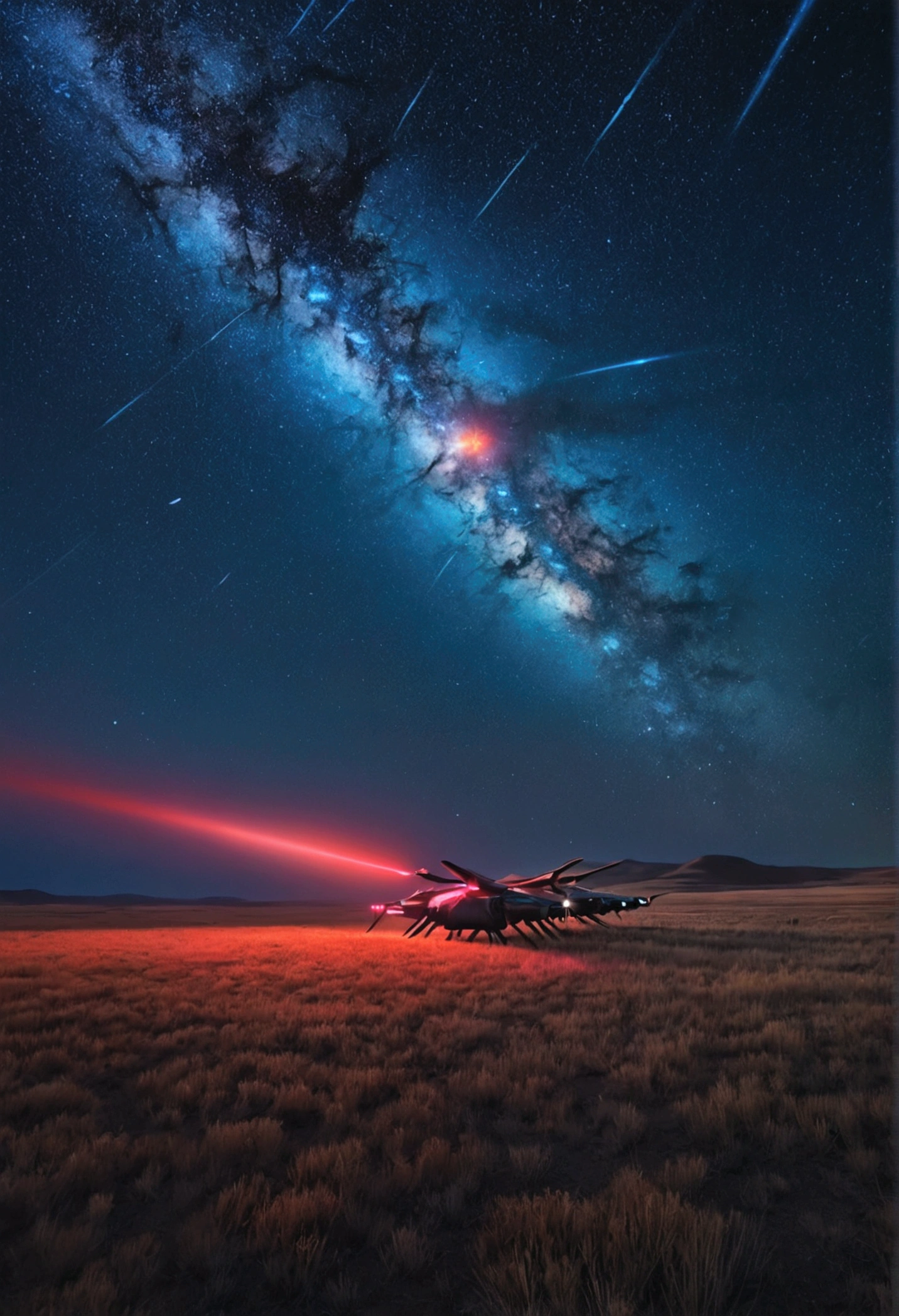 Flying wing flies through the steppe starry sky at high altitude and illuminates a group of deer with an infrared night vision laser