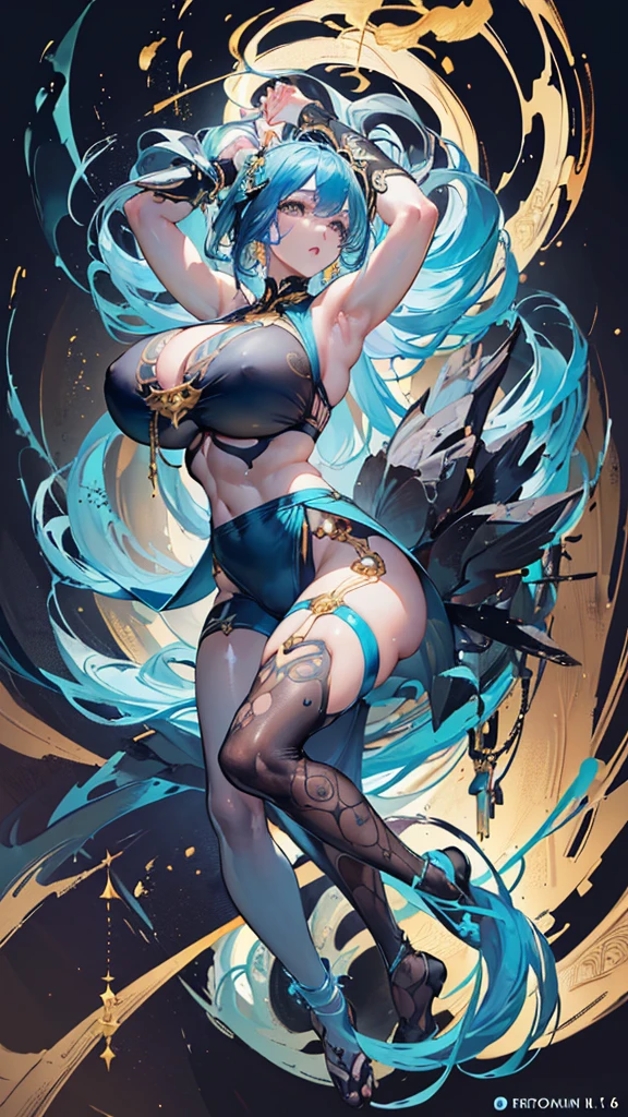 Hatsune Miku, cameltoe 8k ((full body view)) (large eyes:1.3), (Claire), (bladerunner), pokemon, (puffy lips:1.4), defined cheekbones, ((legs spread:1.1)), ((the pit style:1.4))((bra1.6)), tight pants, sash, ((intricate details:1.4))detailed face:1.5), light skin,(puffy lips:1.5) (light skin:1.6), ((darkblue hair)), ((blue, black and gold outfit)), ((sitting pose)),((looking at viewer)), (detailed eyes:1.2), (Muscular:1.3), ((gigantic breasts:1.5)), )highly detailed, ((side view:1.6)), majestic, digital photography, art by artgerm and ruan jia and greg rutkowski, ((jewelry around leg:1.4)), (masterpiece), warm sidelighting, ((black background)), (((blue and gold color palette)))