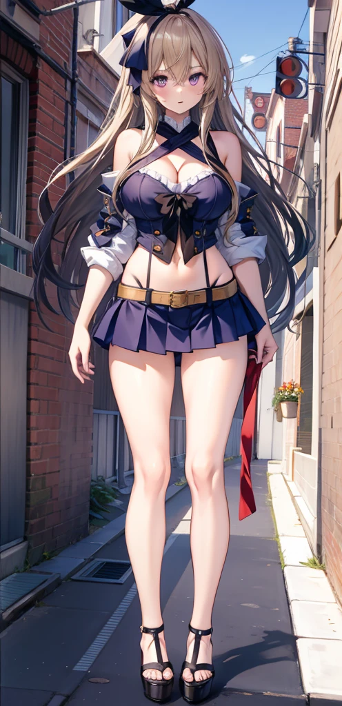 girl,Large Breasts,long hair,Topless,Bow,Blonde Hair, Purple Eyes, Cleavage,Large Breasts,whole body,foot