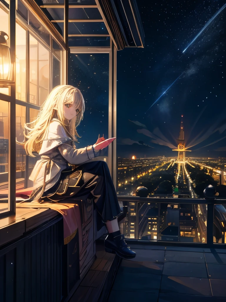 Highest quality, masterpiece, Very detailed, Detailed Background, anime, One girl, Young girl, Short girl, sf, sf, Outdoor, night, Starry Sky, greenhouse, huge structure, Biodome, Wind景, scenery, horizon, rooftop, sitting on rooftop, Wind, avert your eyes, Atmospheric lighting, Focus Only, close, From the side, Depth of written boundary, Bokeh