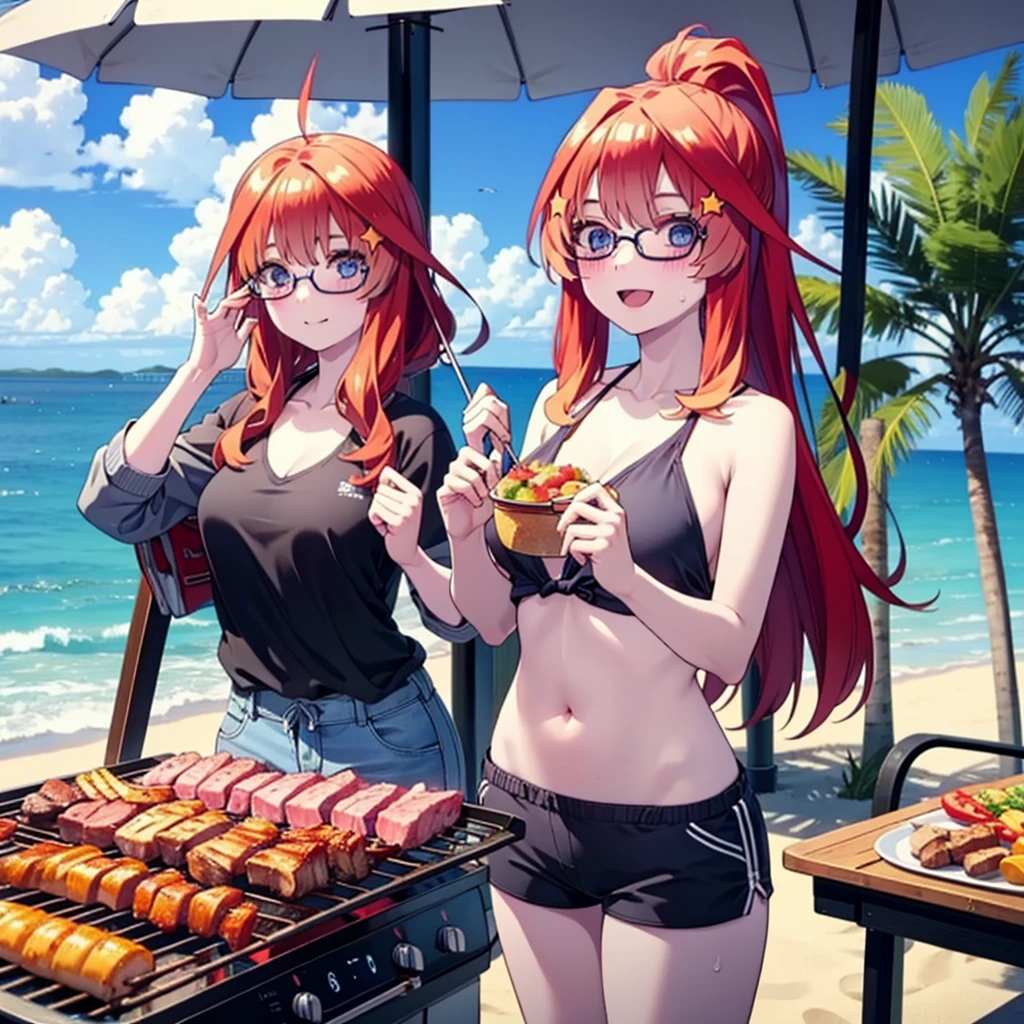 itsukinakano, Itsuki Nakano, bangs, blue eyes, Hair between the eyes, Ahoge, Redhead, star \(symbol\), hair ornaments, star hair ornaments,Baseball hats,ponytail,Black-rimmed glasses,happy smile, smile, Open your mouth,Red Bikini Swimsuit,Shorts,barefoot,Sweat,Beach,barbecue,cooking,Grilled meat,barbecue,Grilling meat,eating meat,Grilled meat,Palm tree,True Summer,Daytime,Clear skies,
break indoors, Beach,Sandy Beach,
break looking at viewer, (Cowboy Shot:1.5),
break (masterpiece:1.2), Highest quality, High resolution, unity 8k wallpaper, (figure:0.8), (Beautiful attention to detail:1.6), Highly detailed face, Perfect lighting, Highly detailed CG, (Perfect hands, Perfect Anatomy),